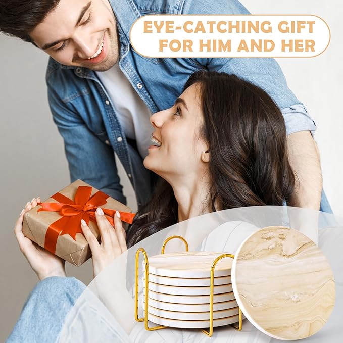 GOH DODD Coasters for Drinks Set of 4, Absorbent Marble Style Ceramic Coaster Cup Coasters Tabletop Protection Home Decor with Metal Holder for Housewarming Gifts Wedding Party, Beige, Round, 4 Inch