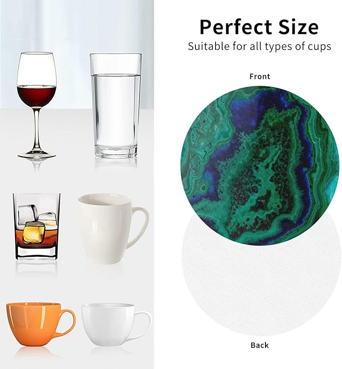 Agate Marble Green Coasters Set of 6 Coasters for Drinks Absorbent Double-Sided Leather PVC Coaster for Tabletop Protection Coffee Table Decor Ideal for Home Decor House Warming Gifts
