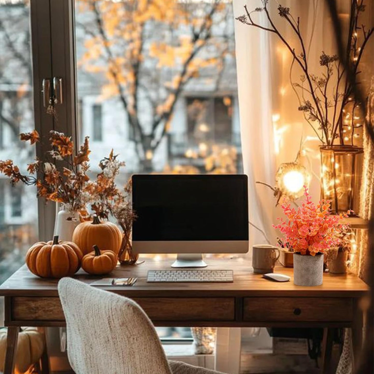 2 Pack Fall Small Fake Plants Eucalyptus Potted Artificial Plants Fall Decorations for Home Shelf Office Bathroom Desk Farmhouse Room Coffee Table Decor Fall Decor (Fall Orange)