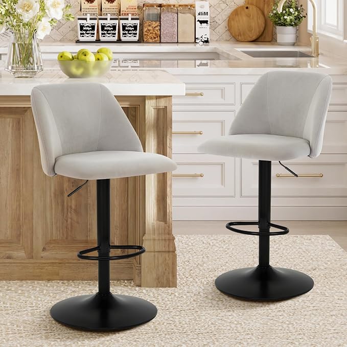 COLAMY Bar Stools Set of 6, Modern Swivel Bar Chairs, Adjustable Upholstered Barstools Counter Height with Full Backrest for Bar, Dining Room, Kitchen Island, Grey
