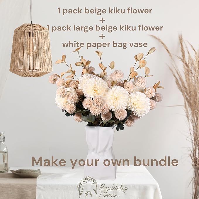 Large Kiku Flower Beige 10 Stems, Silk Flowers Bulk Boho Bouquet, Large Artificial Flowers, Tall Flowers With Long Stems, Realistic faux flowers Neutral Home Decor, Flores Artificiales Para Decoracion
