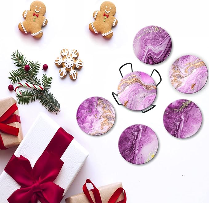 Dooke Coasters for Drinks, Round Absorbent Ceramic Stone Coasters Set of 6 with Cork Base, Funny Drink Coasters with Holder for Cold Drinks Wine Mugs and Cups Tabletop Protection, 4 Inches,Purple