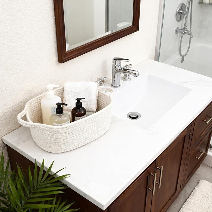 BOMINICA Cotton Rope Storage Basket with Handles, Natural Woven Basket, Decorative Rectangle Organizer Bin for Home, Nursery, Montessori, Pet Toy Storage and Bathroom Organization, White