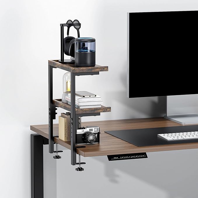 2-Tier Desk Shelf, Expandable Under Desk Storage, Clamp on Desk Shelf, Desktop Accessories for Offices, Study Rooms, and Game Rooms (Wood)