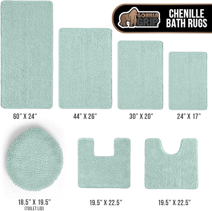 GORILLA GRIP Plush Absorbent Shaggy Chenille Bath Rug Mat for Square Toilet Base with Rubber Backing, Machine Washable Rugs, Soft Microfiber Contour Mats for Toilets, Bathroom Decor, Seablue