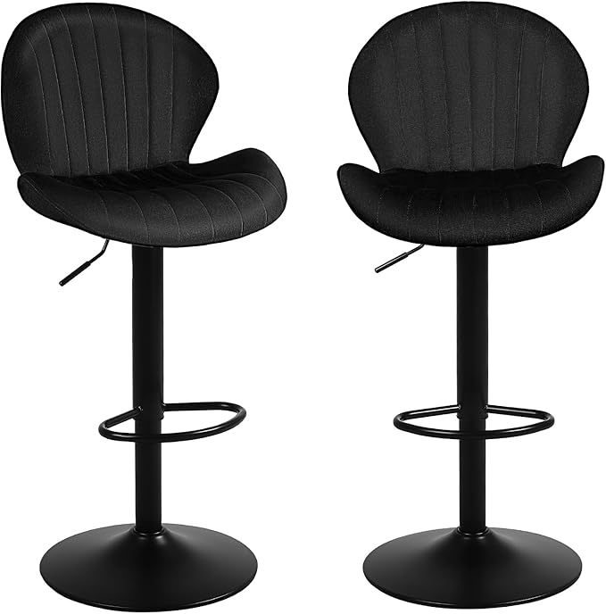 Modern Bar Stools Set of 2, Velvet Height Adjustable Swivel Barstools, Armless Kitchen Island Counter Chairs with Back & Footrest, Black