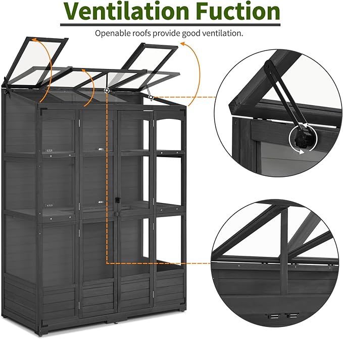 MCombo Wooden Greenhouse, Walk-in Outdoor Greenhouse with Openable Roof and Lockable Door, 0899 (Dark Grey)