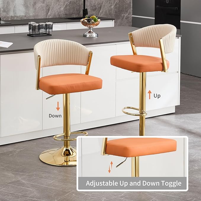 Bar Stools Set of 2, Adjustable Swivel Counter Height Bar Stools with Back and Footrest, PU Leather Bar Chairs for Kitchen Dining Room, Orange