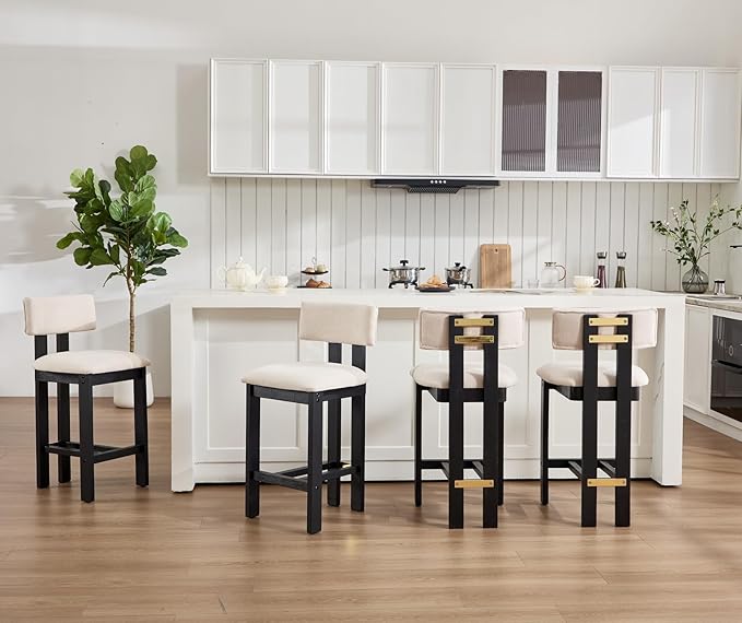 26" Counter Stools Set of 2 Counter Height Bar Stools with Back and Black Solid Wood Legs Modern Farmhouse Linen Upholstered Kitchen Bar Stools Countertop Bar Chairs, Beige