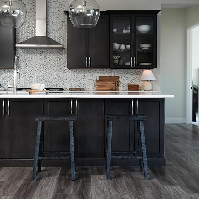 Maven Lane Kitchen Bar Stool, Modern Farmhouse Wood Counter Barstool, Kitchen Island Stool, Counter Height Bar Stools for Kitchen, Wide Seat Backless Bar Stools, Vincent 26", Antiqued Black, Set of 2