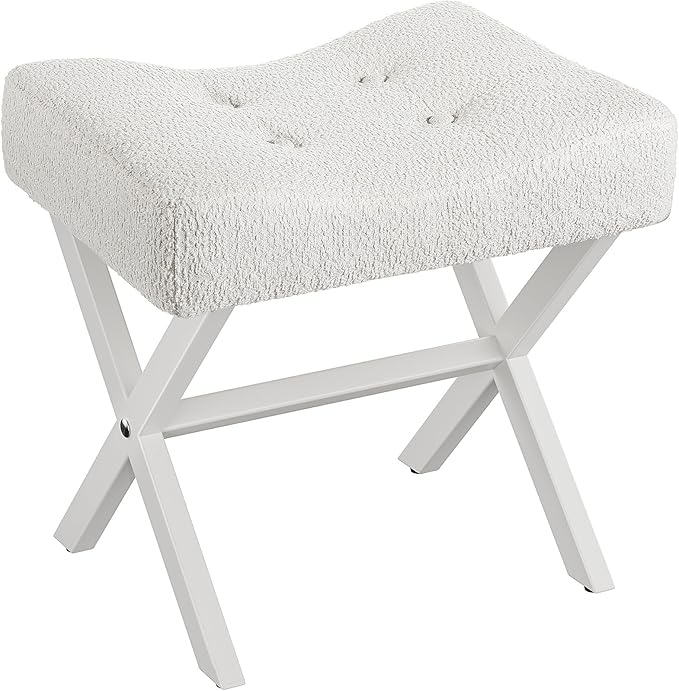 18-Inch Large Vanity Stool Chair, Vanity Bench with Metal X-Legs, Ottoman Accent Stool with Breathable and Soft Boucle Fabric Saddle Seat, White