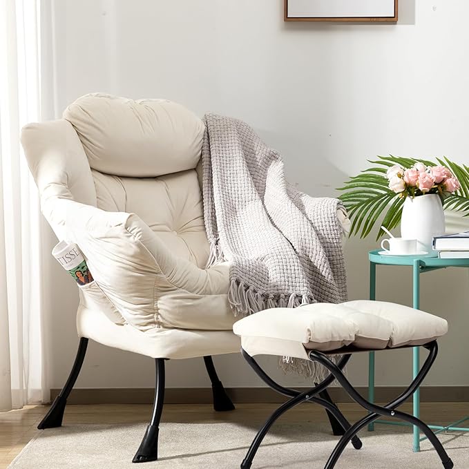 HollyHOME Fabric Lazy Chair with Foldable Ottoman, Accent Comfy Lounge Arm Chair and Folding Footrest Stool Set, Leisure Sofa Reading Chair and Footstool for Living Room, Bedroom, Dorm, Beige