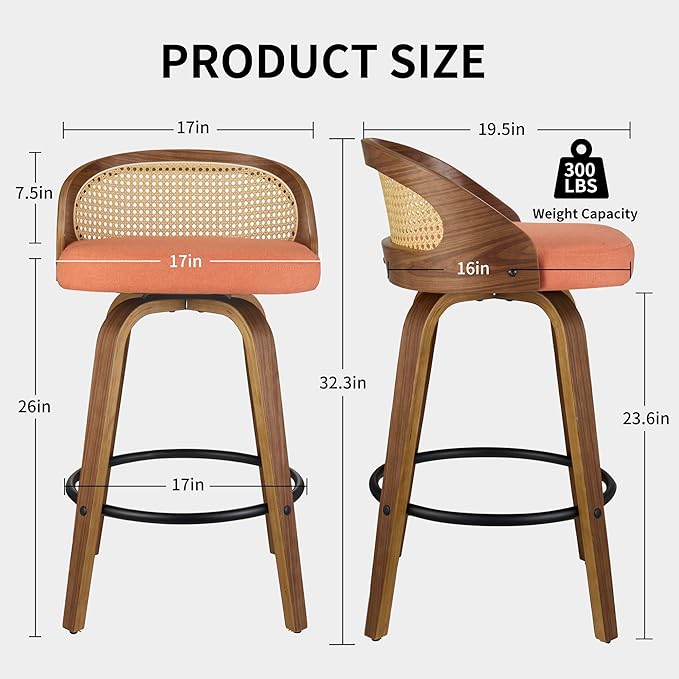 26 inch Swivel Bar Stools with Back, Set of 2 Mid-Century Modern Walnut Bar Chairs, Orange Textured Fabric Upholstered Counter Stools with Footrest for Kitchen Island & Dining Room