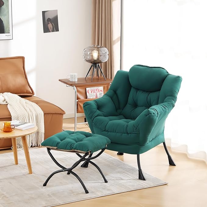 Cozy Lazy Chair and Ottoman, Large Contemporary Accent Lounge Chair Set, Leisure Upholstered Reading Armchair for Bedroom, Living Room, Dorm Rooms, Office