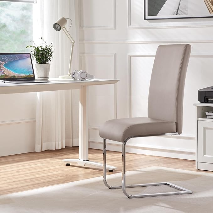 Yaheetech Dining Chairs Set of 2 Modern Faux Leather Upholstered Dining Room Chairs with High Back and Metal Chrome Legs for Kitchen/Living Room/Restaurant, Light Brown