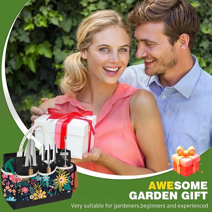 22Pcs Gardening Tools Set for Women Heavy Duty Garden Hand Tool Kit Gardener Gifts for Beginner Gardening Accessories with Tote Bag/Shovel/Repotting Mat/Plant Labels/Gloves-Black