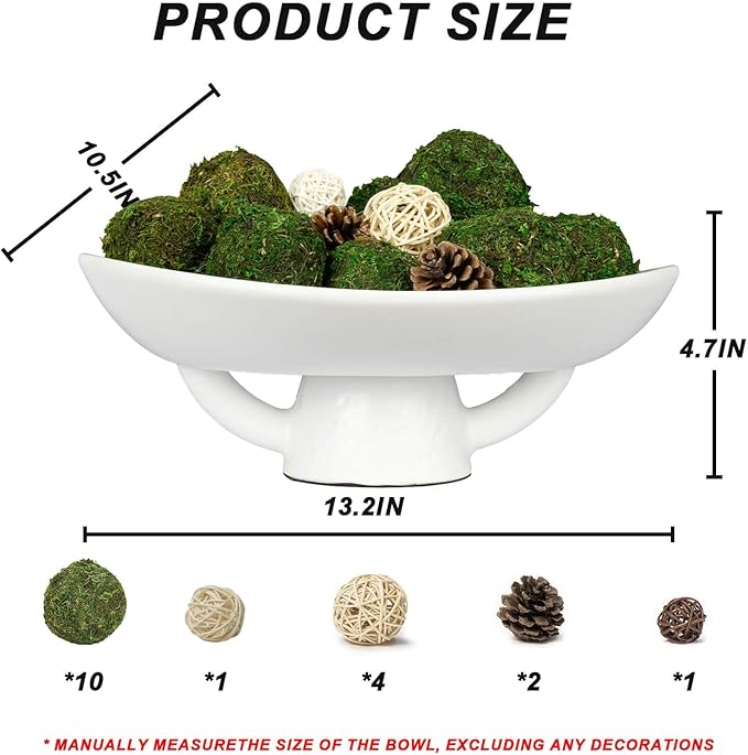NAHARO Elegant Ceramic Bowl with Moss Ball Set-13.2x10.5 Decorative Bowl with 18pc Decorative Balls for Farmhouse Table Centerpiece, Living Room or Home Decor