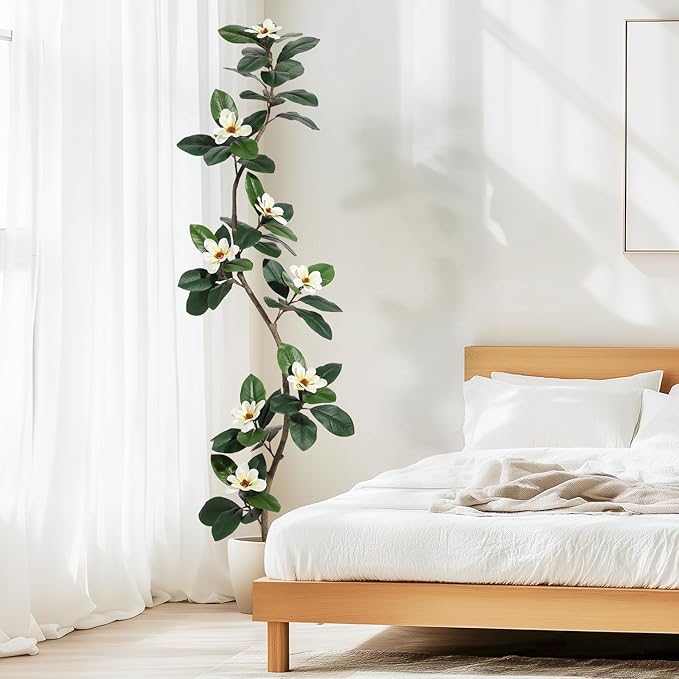 7FT Tall Artificial Rubber Tree with White Planter, Large Fake Magnolia Tree with Flowers & Green Leaves, Big Faux Floor Plant for Indoor Living Room Office Home Decor