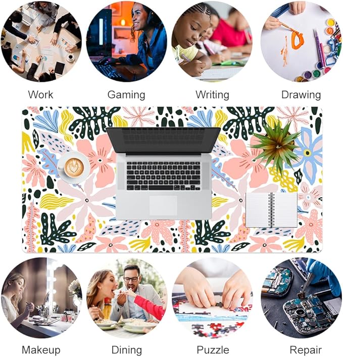 QIYI Floral Large Mouse Pad, Cute Desk Mat for Desktop, Women Girls Desk Accessories Office Décor, PU Leather Waterproof Big Gaming Mousepad, Doodle Flowers Desk Pad Computer Mat, 31.5" x 15.7"