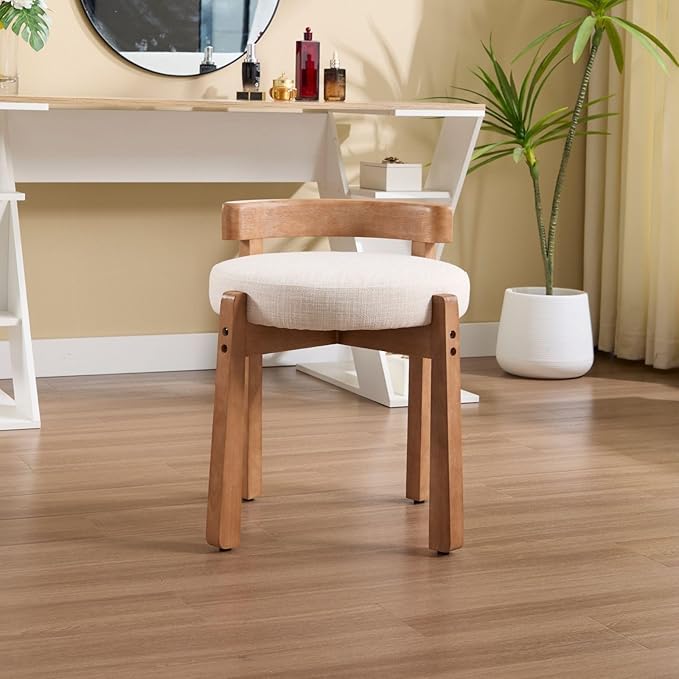 LukeAlon Cute Linen Upholstered Vanity Stool, Round Comfy Makeup Stool with Wooden Legs Small Ottoman Chair Mid Century Modern Padded Seat Footrest for Makeup Room Cloakroom Bedroom, Beige