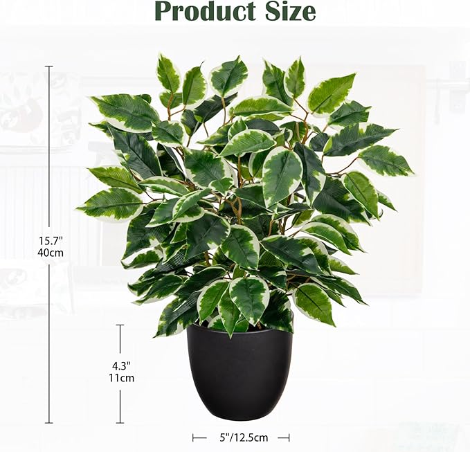 Fake Plant 15.7” Artificial Plants Indoor Small Ficus Potted Plants Silk Plants Faux Topiary Plant for Home Bathroom Bedroom Dining Room Kitchen Window Shelf Desk Centerpieces Tabletop Decor