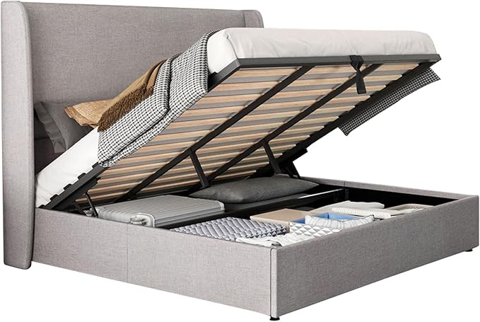 Jocisland Lift Up Storage Bed King Size Linen Upholstered Platform Bed Frame/Hydraulic Storage/Modern Wingback Headboard/No Box Spring Needed/Wood Slats Support/Light Grey