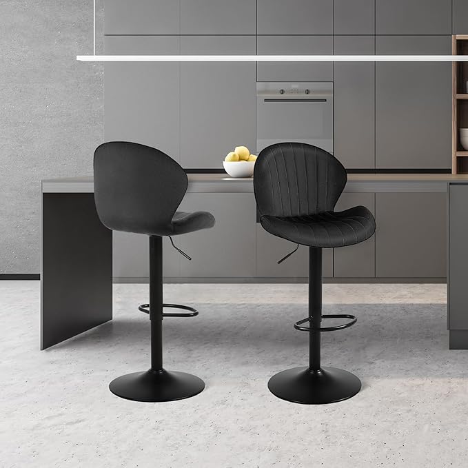 Modern Bar Stools Set of 3, Velvet Height Adjustable Swivel Barstools, Armless Kitchen Island Counter Chairs with Back & Footrest, Black