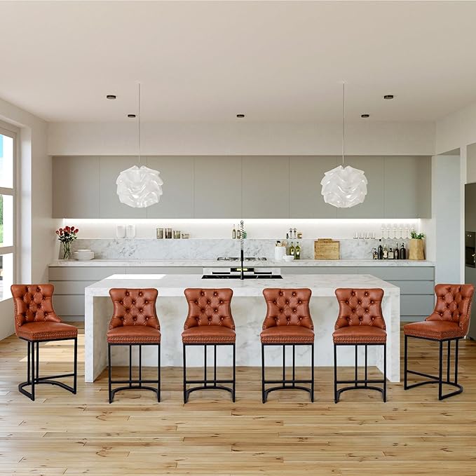 UVV Counter Height Bar Stools Set of 1, 26" Modern Barstools with Back, Faux Leather Upholstery Counter Chairs with Metal Legs for Kitchen Island, Bar, Counter, Brown