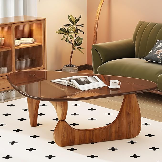 Glass Coffee Table for Living Room Mid Century Modern Triangle Center Table with Wooden Base, Brown/Walnut