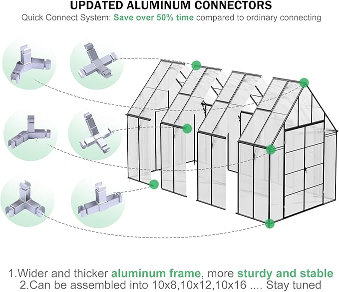CDCASA 10x16x10 FT Greenhouse for Outdoors, Large Thicker Aluminum Polycarbonate Greenhouses w/3 Vents Window, Swing Door & Quickly T Connector Walk-in Green House for Outside, Backyard, Garden