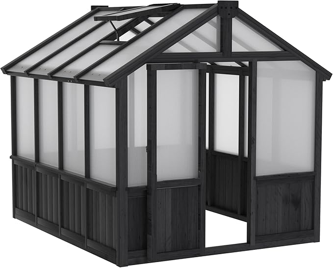 BlueWish 6x8FT Greenhouse, Greenhouse for Outdoor with Cedar Frame, Adjustable Vent, Wood Greenhouses with Polycarbonate Panel, Green House for Outside, Garden, Backyard, Black
