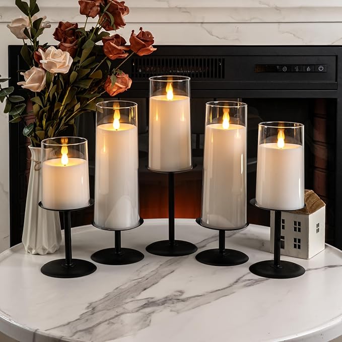 Homemory Holloween Fall Candle Holders for Pillar Candles Set of 5, Decorative Metal Candle Stands Pillar Holder Decor (Black)