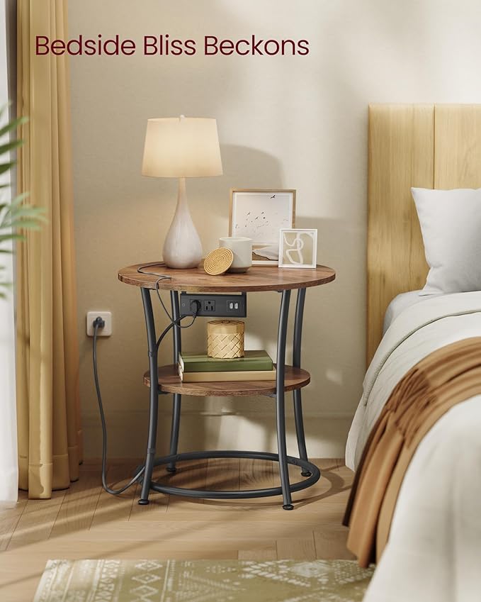 VASAGLE Side Table, 2-Tier Round End Table with Power Outlets, Nightstand with Steel Frame for Small Spaces, Living Room, Bedroom, Honey Brown and Ink Black ULET077K02