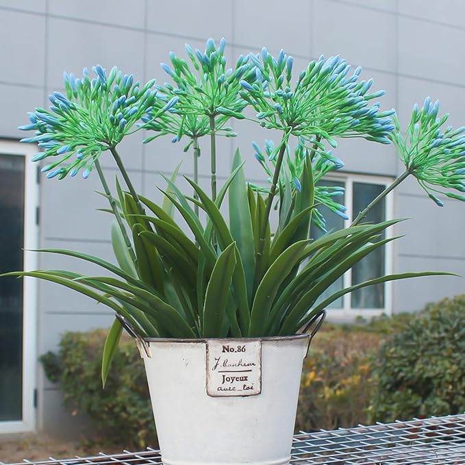Artificial Agapanthus Africanus Fake African Lily Blue Flowers Fake Plants Outdoor Spring Summer Decoration Realistic Faux Greenery for Front Door Porch Planter Decor