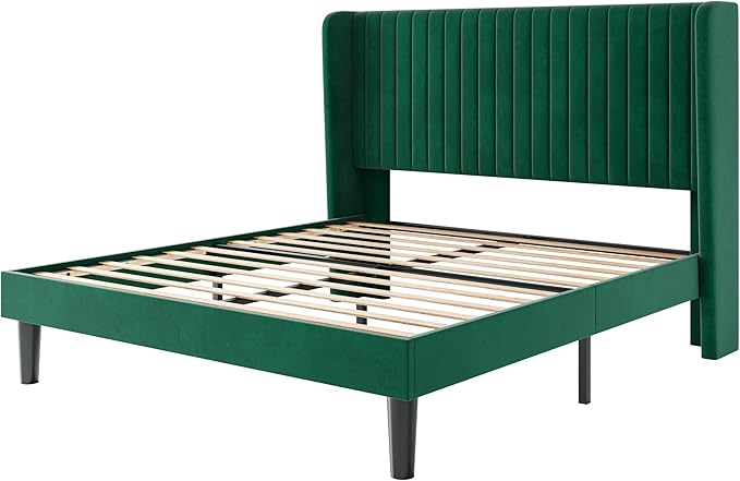 SHA CERLIN Full Size Velvet Bed Frame with Vertical Channel Tufted Wingback Headboard, Upholstered Platform Bed with Wood Slats, No Box Spring Needed, Easy Assembly, Green