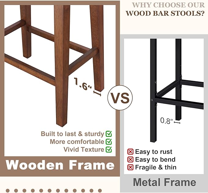 PrimeZone Counter Height Bar Stools Set of 2 - Backless Saddle Barstools with 4.3" Thick Upholstered, Nailhead Trim Faux Leather & Solid Wood Legs, 26 Inch Counter Stools for Kitchen Island, Brown