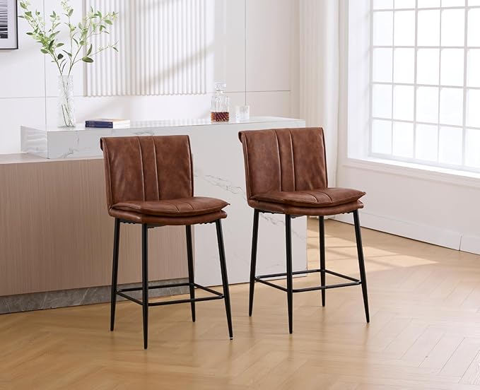 CIMOTA Leather Counter Height Bar Stools Set of 2, Modern 26 Inch Upholstered Barstools with Back and Metal Legs, Comfortable Kitchen Island Chairs, PU Brown