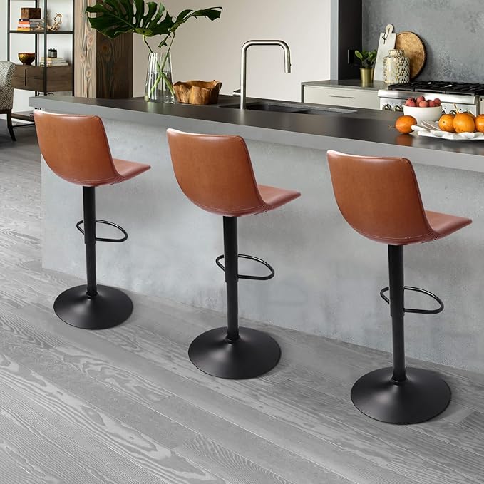 LEMBERI Bar Stools Set of 2 Modern Swivel Barstools Counter Height with Backrest, Faux Leather Upholstered Bar Chairs for Kitchen Island, Brown