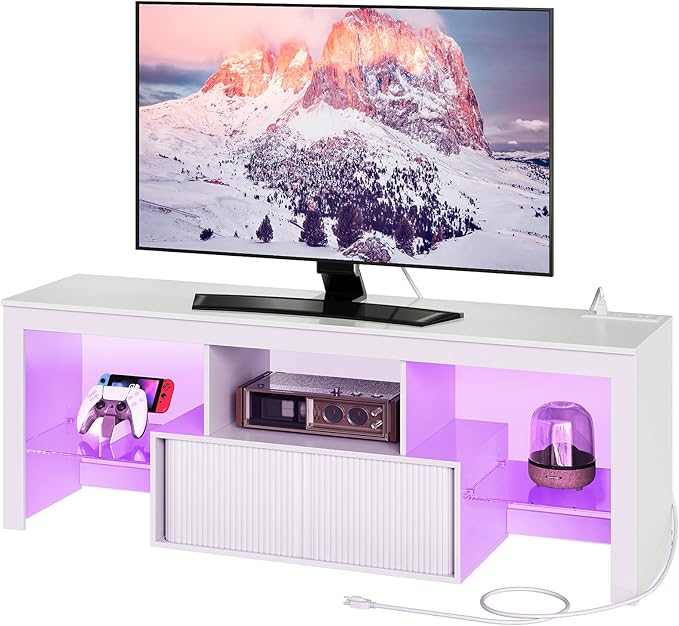 TV Stand with Power Outlet, Modern TV Cabinet for 55 60 inch TVs, Media TV Console with LED Light Strip, Media Entertainment Center with Storage, for Living Room, Bedroom, White MDS02UDWB