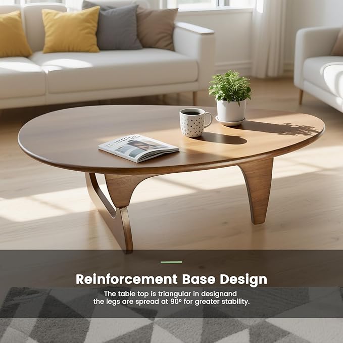 Solid Wooden Modern Triangle Coffee Table: Unique Funky Coffee Tables for Living Room, Oval Mid-Century Irregular Abstract Tea Tables for Patio Office Balcony Bedroom (Walnut, 33" L x 22" W x 16" H)