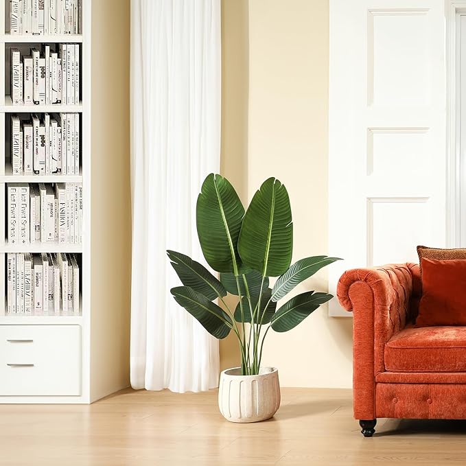 Artificial Plants 4FT Artificial Bird of Paradise Plant in Pot, Tall Fake Tree with Woven Basket, Realistic Faux Palm Tree 8 Trunks Silk Plants for Modern Home Décor Indoor Outdoor Office