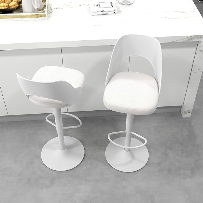 civama Bar Stools Set of 2 for Kitchen Counter, Seat Height Adjustable 25''-33'', Modern Upholstered Swivel Island Chairs with Hollow Backrest Metal Base, White