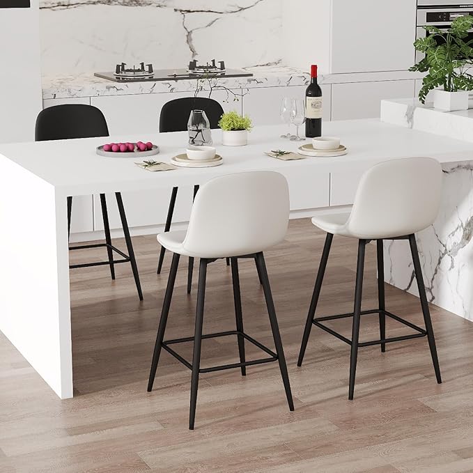 Barstools Set of 4, 24.6" Counter Height Bar Stools with Back & Metal Footrest, Modern Island Chairs Set of 4 for Kitchens Island Home Bar(2 Black & 2 White)