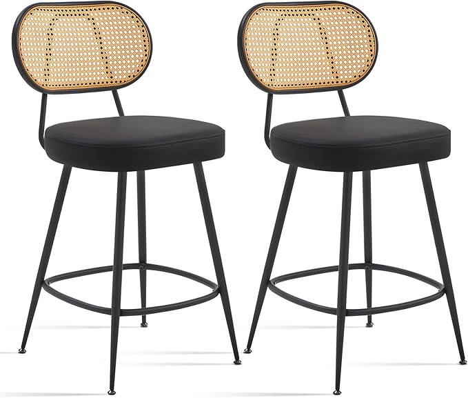 26" Rattan Barstools Set of 2, Counter Height Bar Chair with Black Metal Legs, Modern Armless PU Leather Pub Chair,Adjustable Feetpads Stools for Home Counter,Kitchen Dining Island,Cafe(Black)