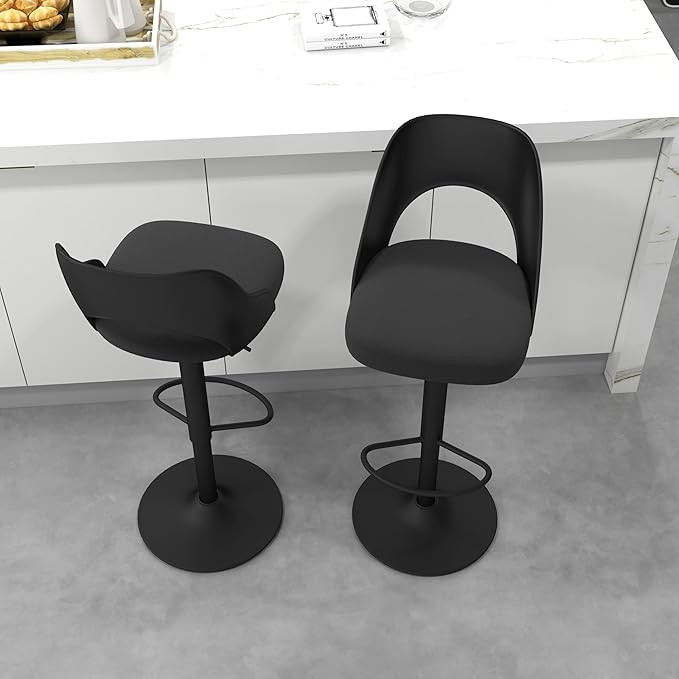 civama Bar Stools Set of 2 for Kitchen Counter, Seat Height Adjustable 25''-33'', Modern Upholstered Swivel Island Chairs with Hollow Backrest Metal Base, Black