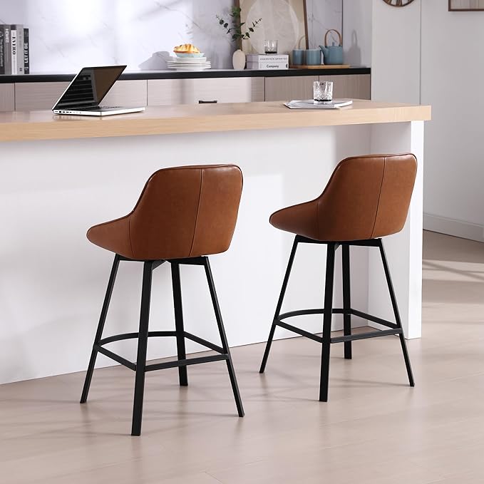 Zesthouse Swivel Counter Height Stools Set of 4, Modern Upholstered Barstools with Backs, 26'' Faux Leather Counter Height Bar Stools, Metal High Chairs for Island Kitchen, Brown