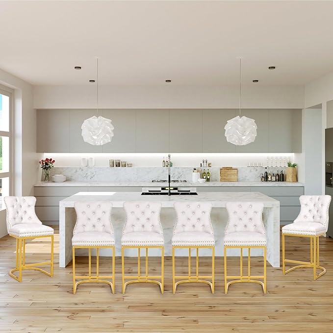 Counter Height Bar Stools Set of 6, 24" Modern Barstools with Back, Frbric Upholstery Counter Chairs with Metal Legs for Kitchen Island, Bar, Counter, White