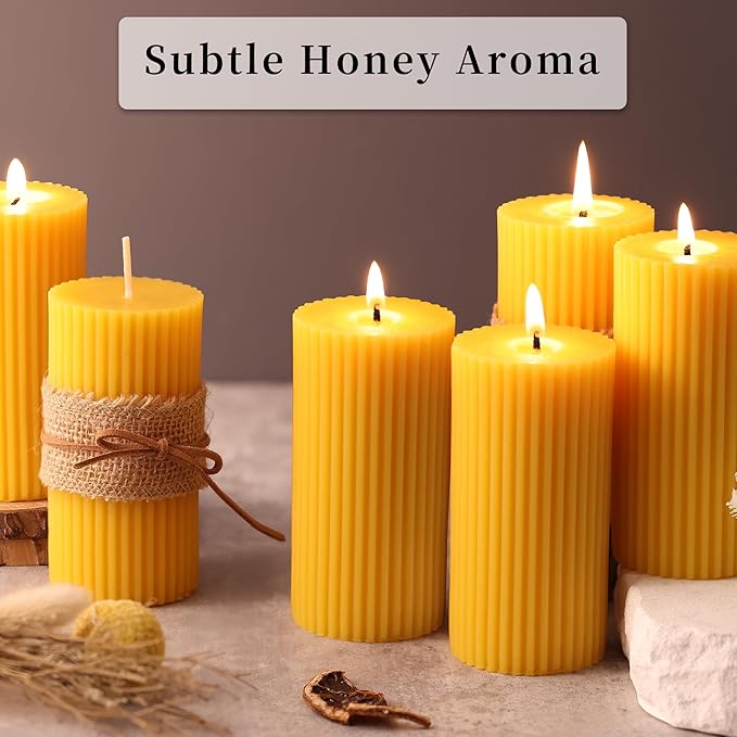 6 Pack Pure Beeswax Pillar Candles Bulk-210 Hours, Organic Bees Wax Candles for Home Decor-2x4 Inch, Unscented Natural Bees Wax Pillar Bulk Candles for Relaxing, Wedding, Party
