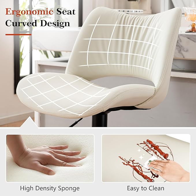 YOUNIKE Modern Bar Stools Set of 2, White PU Leather Upholstered Barstools, Swivel Adjustable Armless Counter Stool, Ergonomic Hollow Mid Backrest Bar Chair for Kitchen Island, Home Bar Counter