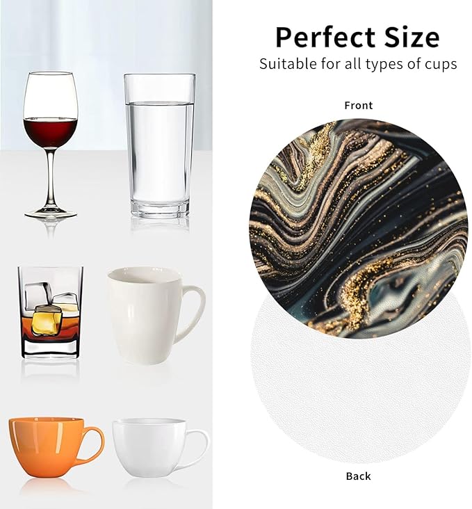 Black Gold Marble Style Coasters Set of 6 Coasters for Drinks Absorbent Double-Sided Leather PVC Coaster for Tabletop Protection Coffee Table Decor Ideal for Home Decor House Warming Gifts